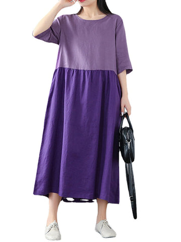 Casual Color Block Round Neck Stitching Maxi Dress With Pocket