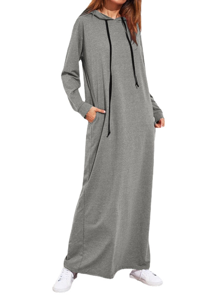Casual Women Solid Color Full Sleeve Long Hooded Sweatshirt Dress