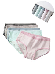 5Pcs Women Cotton Stripe Print Mid Waist Panties