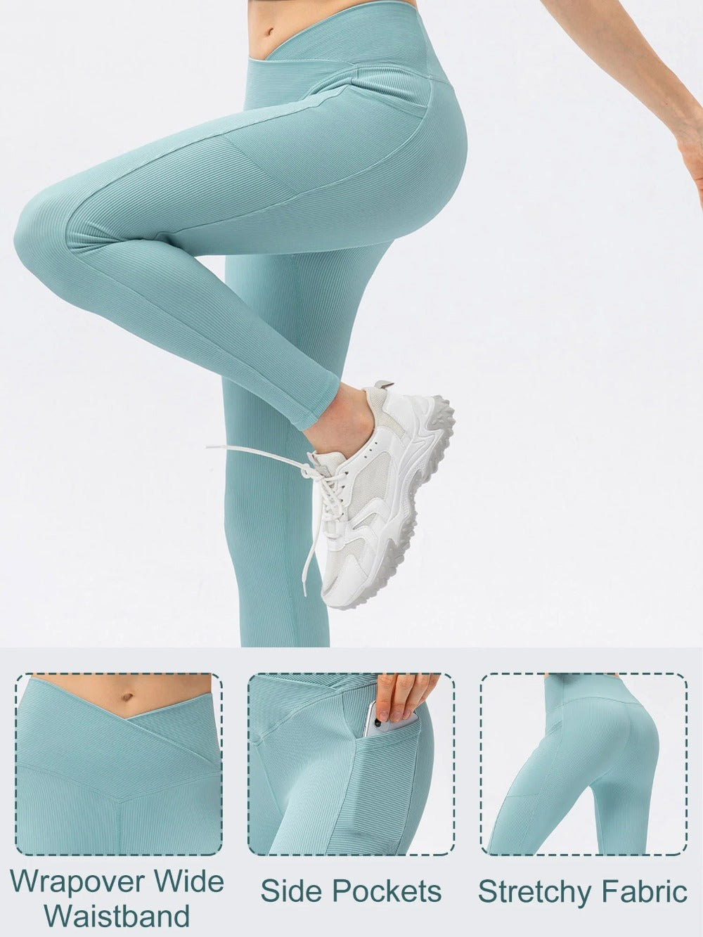 Women Sports Leggings Yoga Tights with Pockets Ribbed Pants