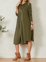Solid Color Pocket Patchwork Long Sleeve High Neck Casual Dress