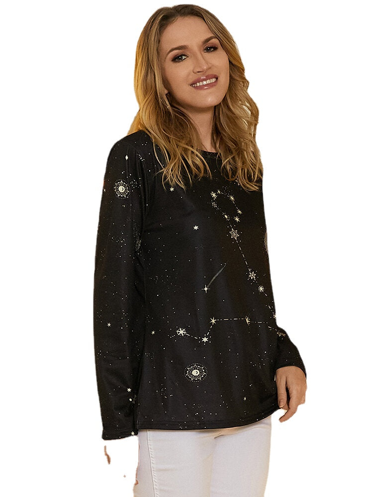 Women Pisces Print Stars Moon O-neck Long Sleeve Casual T-Shirt