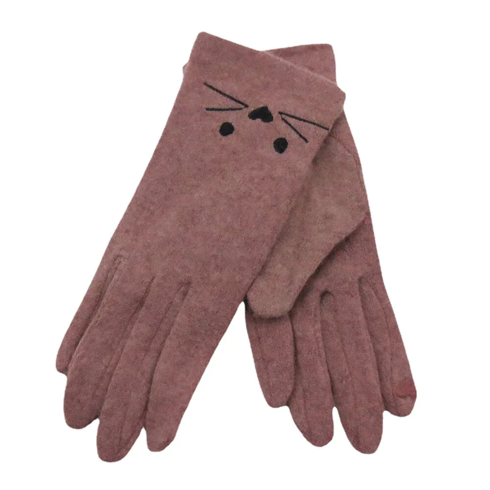Women Wool Screen-touchable Embroidery Cartoon Cat Pattern Keep Warm Fashion Casual Gloves
