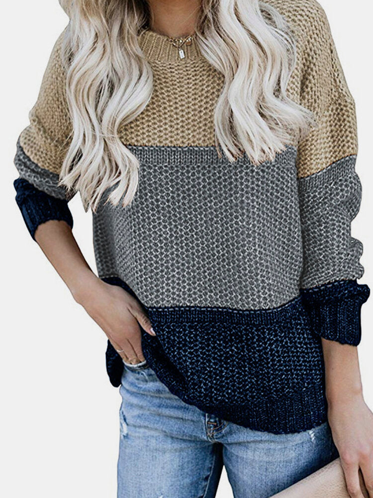 Women Contrast Color Patchwork Round Neck Long Sleeve Knitted Casual Sweater