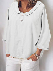 Solid Button Peter Pan Collar Long Sleeve Loose Blouse