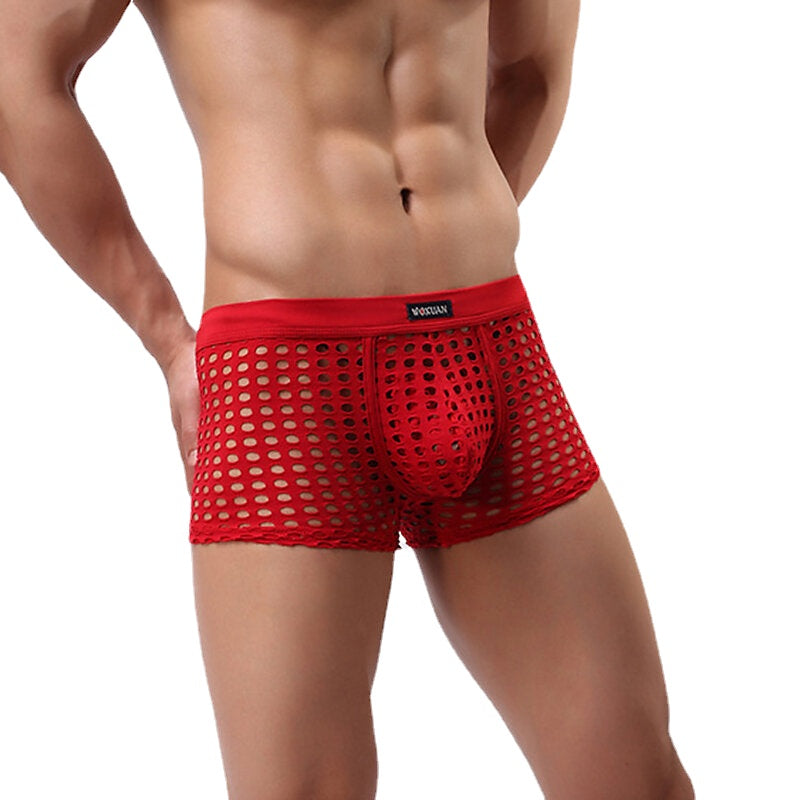 Mens Mesh Holes Transparent Solid Color Boxers Underwear