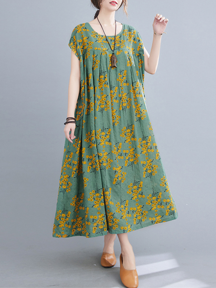 Floral Printed Bohemian Europe Retro Style O-Neck Loose Dress