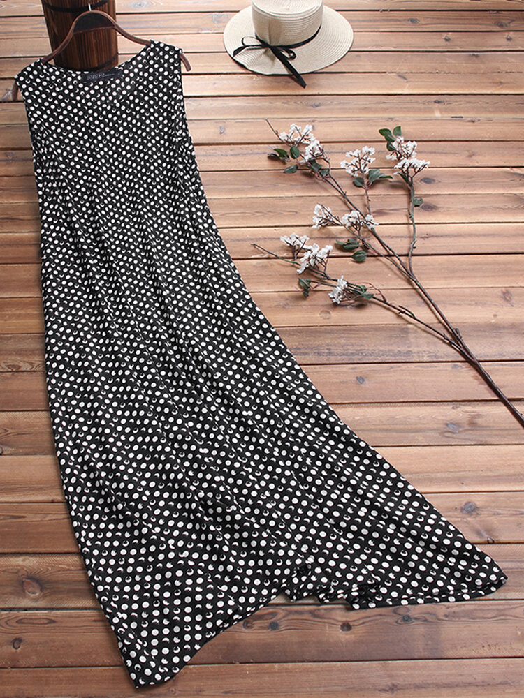 Women Bohemian Sleeveless O-neck Polka Dot Print Maxi Dress