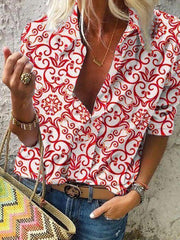 Women Design Print Lapel Collar Long Sleeve Ethnic Blouse