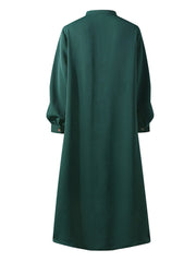 Solid Color Stand Collar Button Down Front Leisure Loose Maxi Dress with Side Pockets