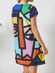 Abstract Pattern V-neck Short Sleeve Print Dress For Women