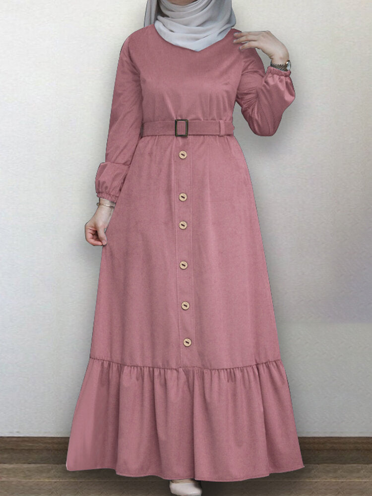 Women Ruffle Hem Solid Color Button Belted Casual Long Sleeve Maxi Dress