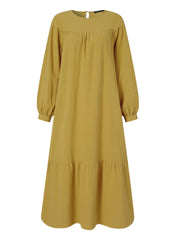 Women Cotton Solid Color Round Neck Long Sleeve Pleated Maxi Dresses