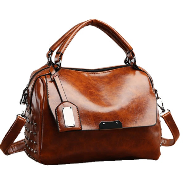 Women PU Solid Color Fashion Oil Wax Rivets Boston Handbag Shoulder Bag