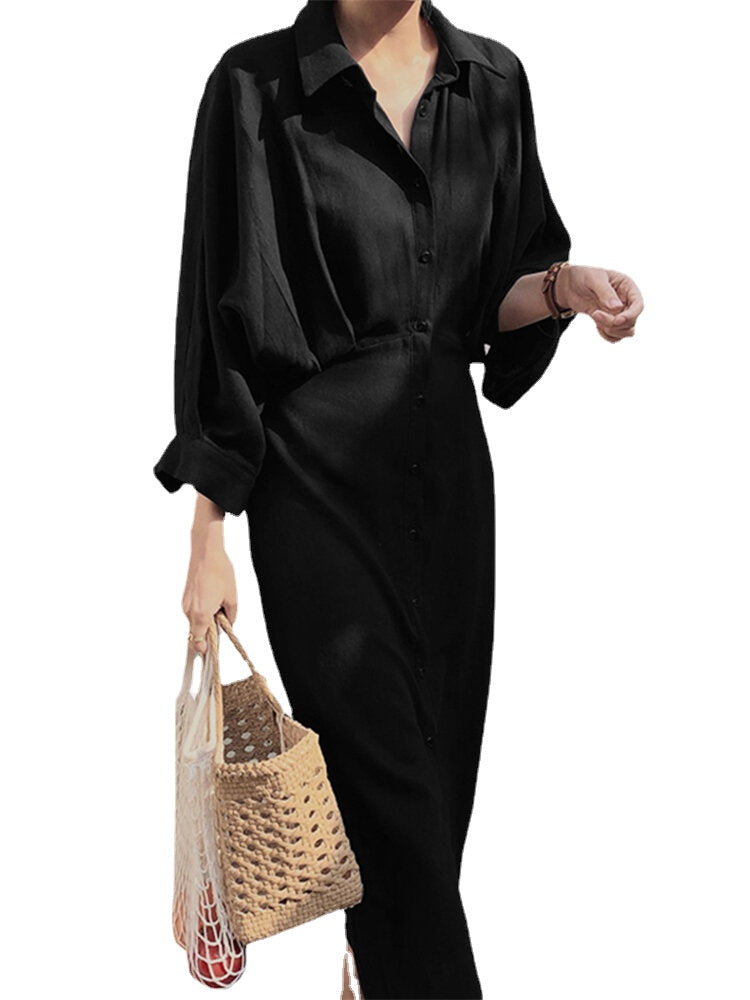 Women Solid Lapel Tie Back Long Sleeve Casual Shirt Maxi Dresses