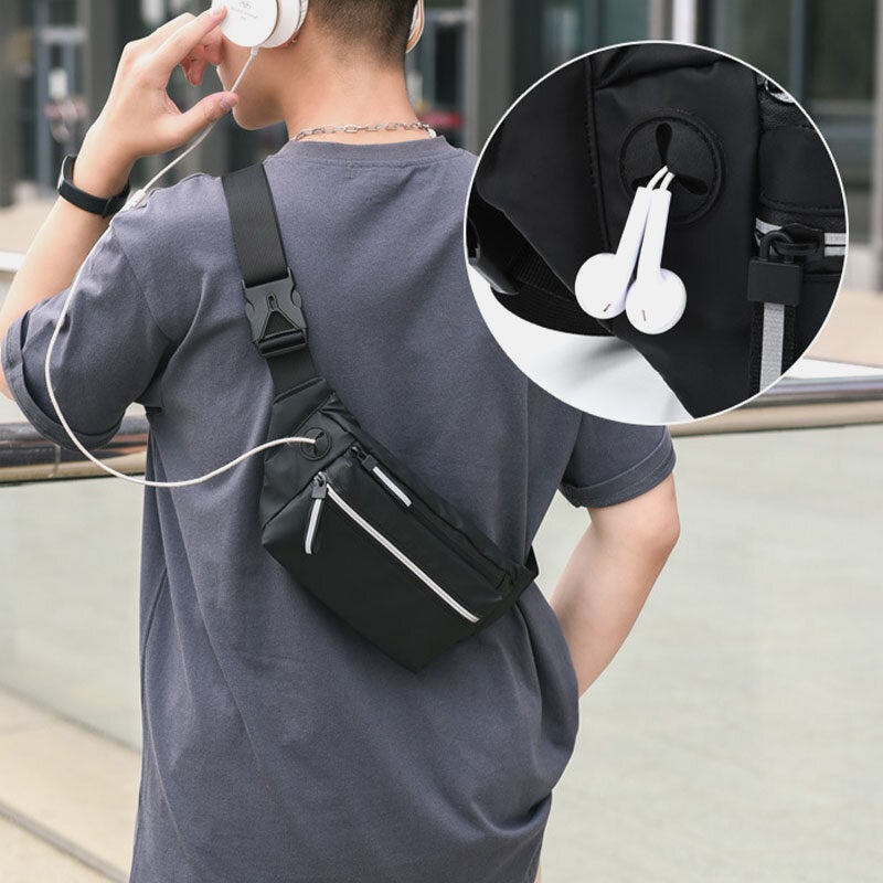 Men Polyester Earphone Hole Multi-carry Waterproof Casual Crossbody Bag Chest Sling