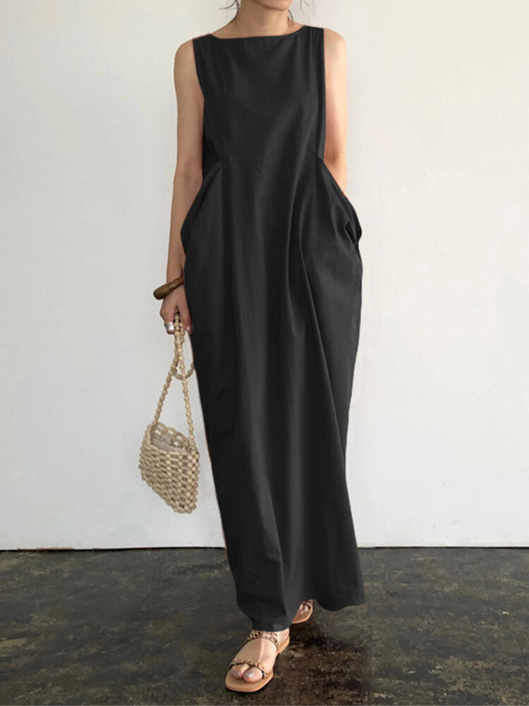 Women Elegant Solid Color Side Pockets Design Sleeveless Casual Maxi Dress