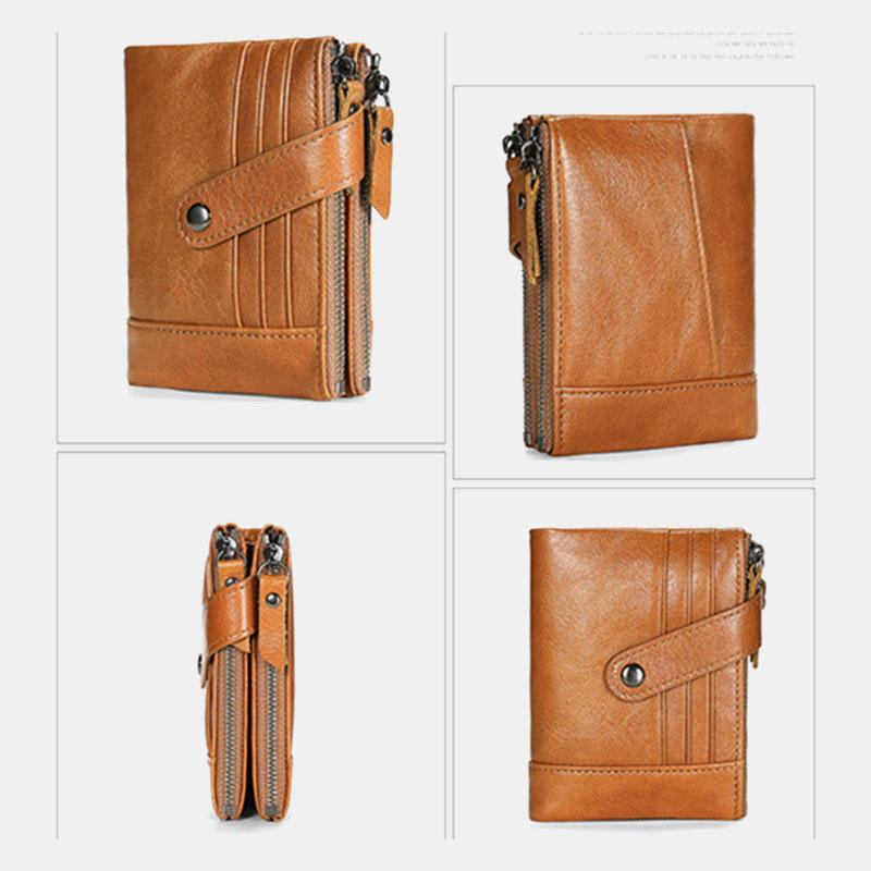 Men Genuine Leather Vintage RFID Blocking Zipper Coin Wallet