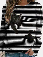 Women 3D Black Cat Print Long Sleeve Striped Casual Blouse