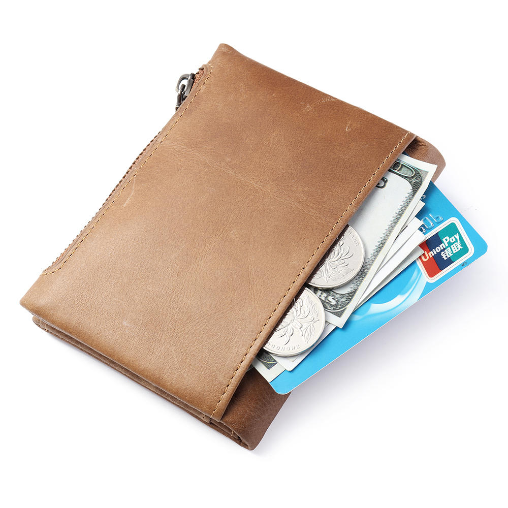 Men Women Retro Genuine Leather Tri-fold Wallet Card Holder Double Zipper