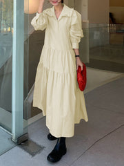 Women Solid Tiered Doll Collar Long Sleeve Casual Maxi Dresses