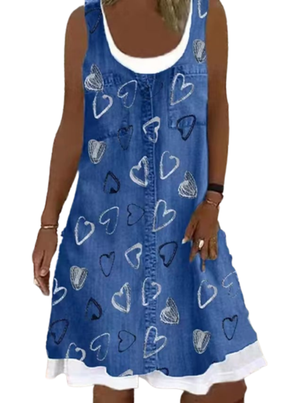 Women's Sleeveless Print Button Round Neck Casual Denim Color Dress