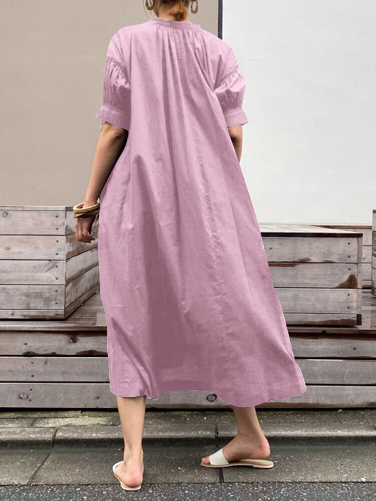 Casual Plain Puff Sleeves O-neck Pleated Solid Maxi Dress With Pocket