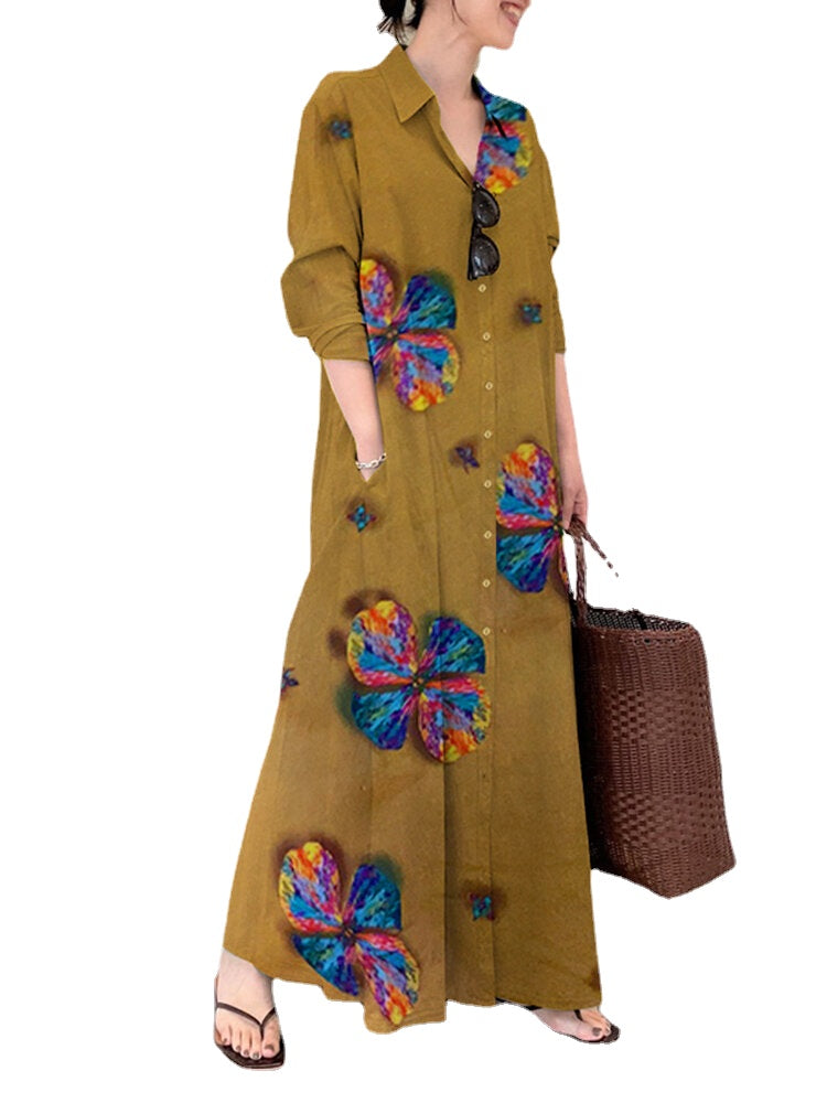 Women Flower Print Button Up Casual Long Sleeve Maxi Shirt Dresses With Pocket