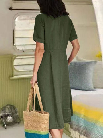 Cotton Solid Pocket Ruched Short Sleeve Casual Midi Dress