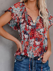 Women Colorful Floral Print V-Neck Ruffles Short Sleeve Casual Blouses