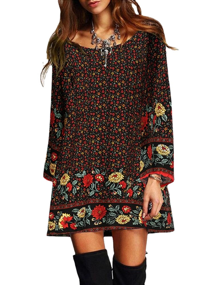 Floral Print Crew Neck Bohemian Bell Long Sleeve Dress