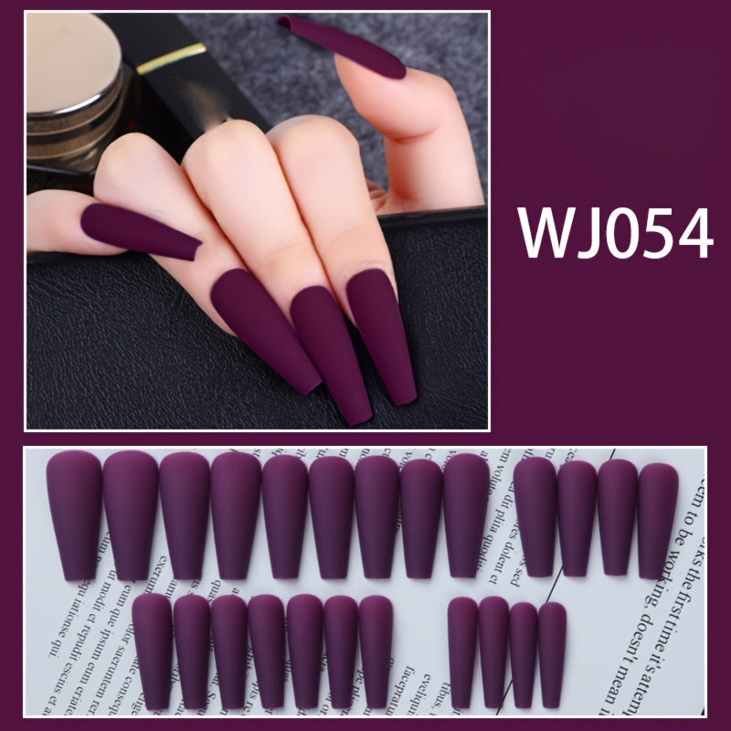 24 Pcs Matte Purple Long French Press On Fake Nails - Acrylic False Nails for Daily Wear