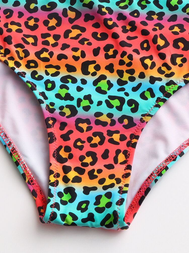 Women Leopard Patchwork Front Zipper Bikini Backless Swimwear