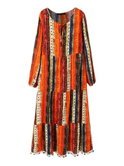 Plus Size Women Vintage Bohemian Print Tie Neck Pompom Hem Maxi Dresses