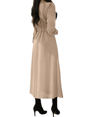 Solid Elastic Waist Button Long Sleeve Lapel Maxi Shirt Dress