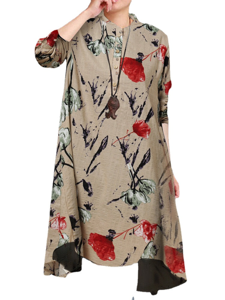 Women Floral Print Button Front High Low Hem Long Sleeve Midi Shirt Dress