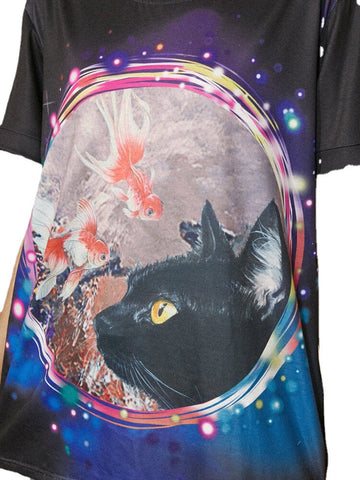 Fish Cat Print O-neck Short Sleeve Casual T-Shirt For Women