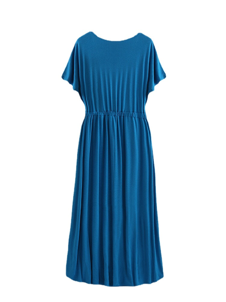 Solid Color V Neck Short High Waist Sleeve Maxi Dress