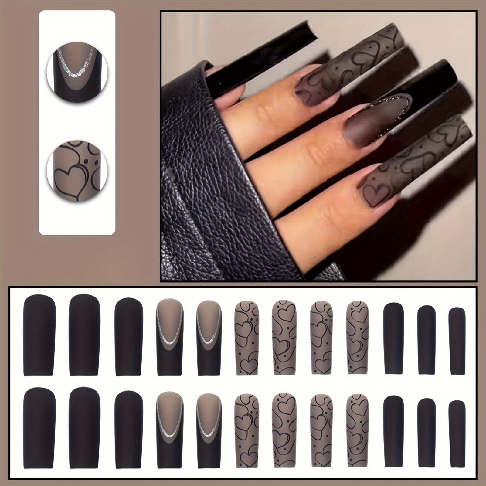 24-Piece Matte Black Heart French Square Press-On Nails - Durable, Easy Apply, Trendy Style