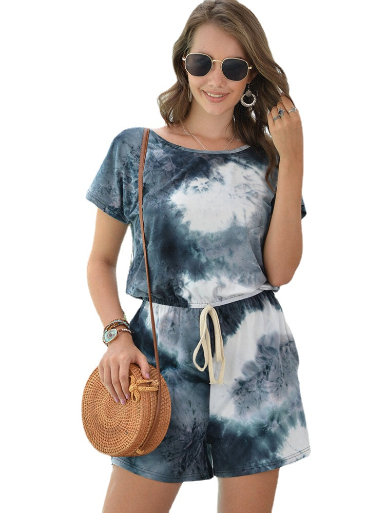 Die-dye Print O-neck Short Sleeve Drawstring Waist Mini Jumpsuits