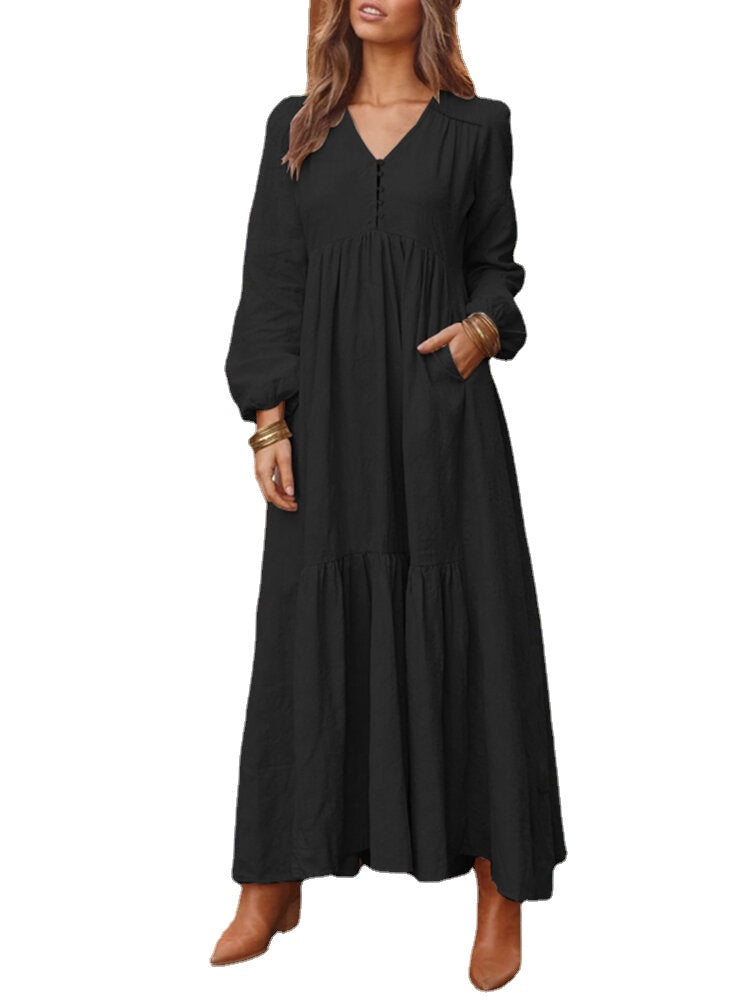 Women Solid Color V-neck Long Sleeve Causal Maxi Dress