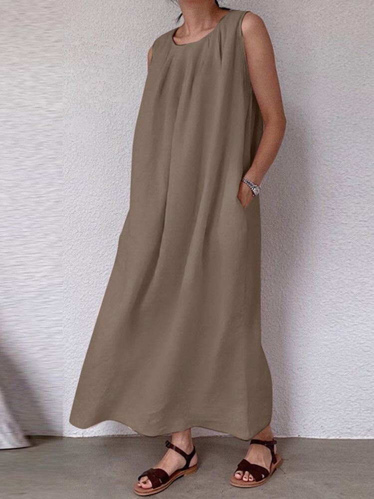 Solid Pocket Cotton Ruched Round Neck Sleeveless Maxi Dress