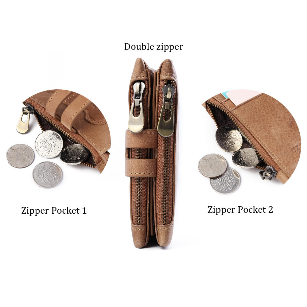 Men Women Retro Genuine Leather Tri-fold Wallet Card Holder Double Zipper