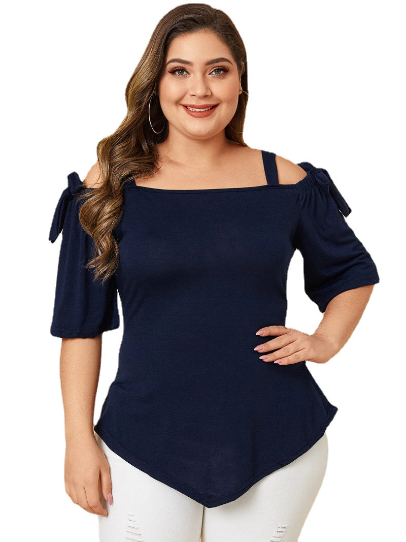 Plus Size Tie-up Design Cold Shoulder Half Sleeve Wild Casual Blouse