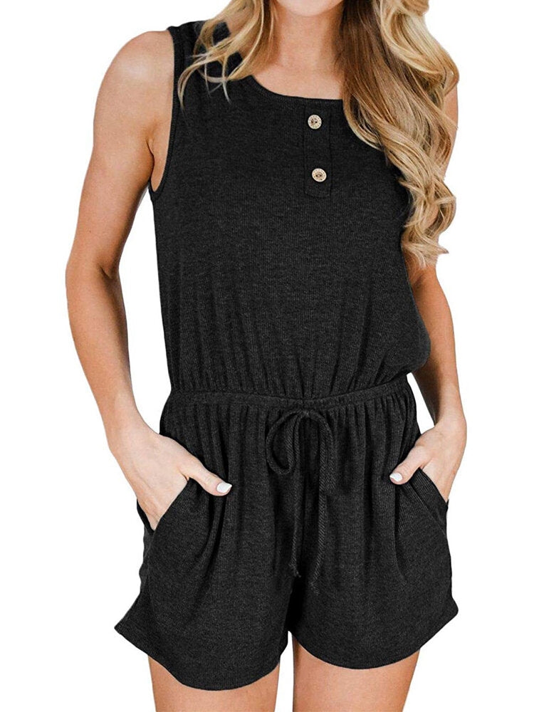 Casual Women O-neck Sleeveless Drawstring Waist Button Short Jumpsuits