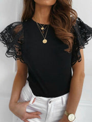 Women O-Neck Short Sleeve Solid Lace Spliced Casual Loose Blouse