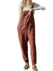 Women 100% Cotton Solid Color Ankle Length Side Pockets Jumpsuit