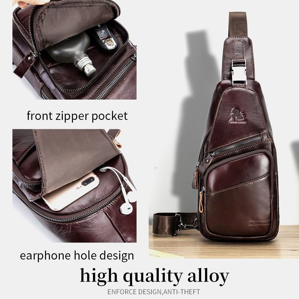 Men Genuine Leather Hasp Headphone Hole Large Capacity Vintage 6.5 Inch Phone Bag Chest Crossbody Shoulder