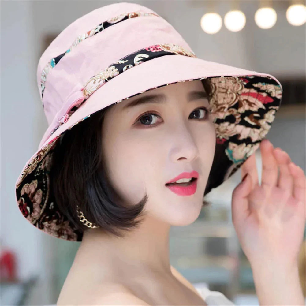 Women Summer Printed Cotton Fisherman Hat Foldable Sunshade Wide Brim Bucket Hat