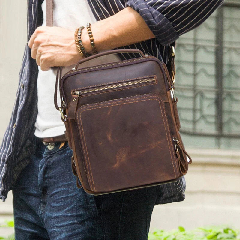Men's Vintage Leather Multi-Pocket Briefcase Messenger Crossbody Bag
